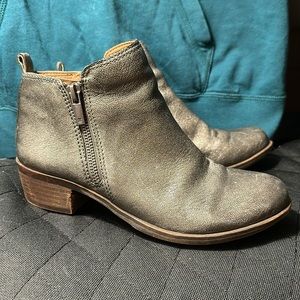 Lucky Brand- Heeled ankle boots, appox 1.5” leather upper, silver/gray, size 7.5